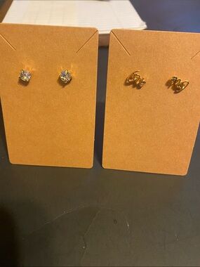 Gold Tone Love Stud Earrings + Clear Crystal Studs